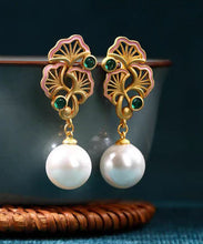 Load image into Gallery viewer, Casual Rainbow Sterling Silver Overgild Pearl Chalcedony Hollow Out Floral Drop Earrings