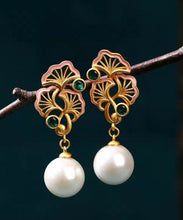 Load image into Gallery viewer, Casual Rainbow Sterling Silver Overgild Pearl Chalcedony Hollow Out Floral Drop Earrings