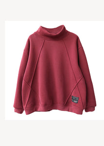 Casual Red Hign Neck Warm Fleece Pullover Sweatshirt Top Winter