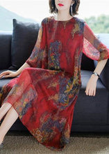 Load image into Gallery viewer, Casual Red O-Neck Print Silk Maxi Dresses Half Sleeve