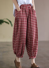 Load image into Gallery viewer, Casual Red Plaid Pockets Elastic Waist Linen Crop Pants Summer