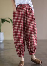 Load image into Gallery viewer, Casual Red Plaid Pockets Elastic Waist Linen Crop Pants Summer