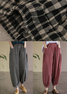 Casual Red Plaid Pockets Elastic Waist Linen Crop Pants Summer