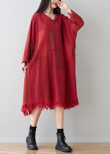 Casual Red V Neck Tassel Cotton Loose Dress Spring