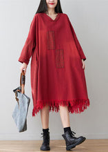 Load image into Gallery viewer, Casual Red V Neck Tassel Cotton Loose Dress Spring