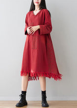 Load image into Gallery viewer, Casual Red V Neck Tassel Cotton Loose Dress Spring