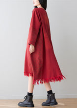 Load image into Gallery viewer, Casual Red V Neck Tassel Cotton Loose Dress Spring