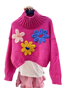 Casual Rose Turtleneck Floral Cotton Knit Sweaters Fall