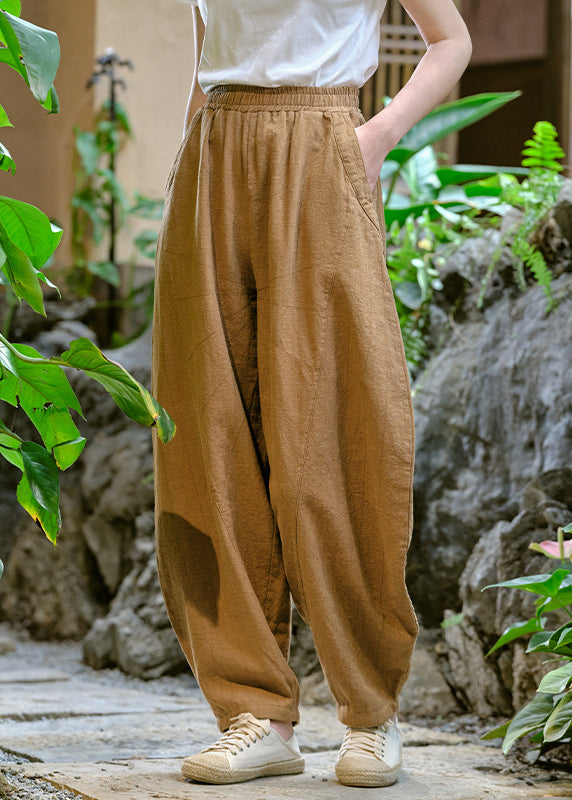 Casual Simple Yellow Pockets Elastic Waist Linen Pants Summer