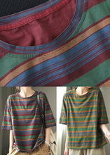 Load image into Gallery viewer, Casual Versatile Red O Neck Striped Cotton T Shirts Summer