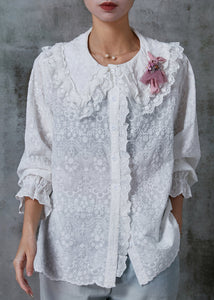 Casual White Double-layer Embroidered Cotton Blouse Top Spring