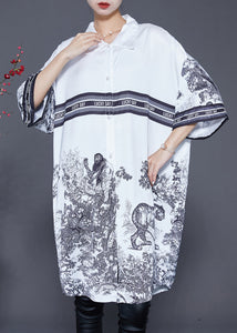 Casual White Oversized Print Ice Silk Shirt Dress Summer