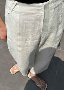 Casual White Patchwork Pockets High Waist Linen Crop Pants Summer