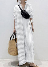 Load image into Gallery viewer, Casual White Peter Pan Collar Striped Maxi Shirts Dresses Long Sleeve