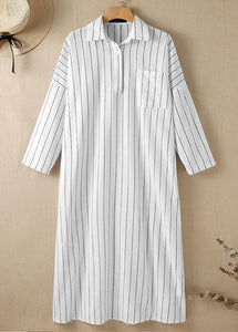 Casual White Peter Pan Collar Striped Maxi Shirts Dresses Long Sleeve