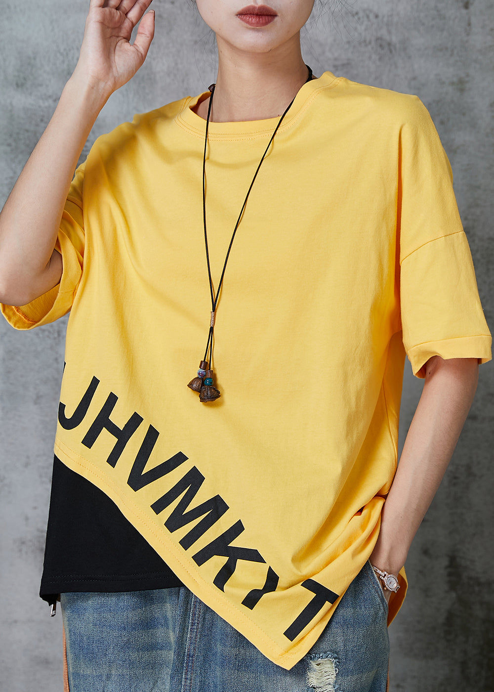 Casual Yellow Asymmetrical Patchwork Cotton Tank Tops Summer