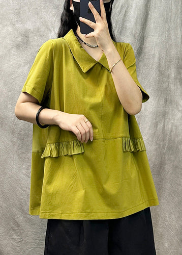 Casual Yellow Green Square Collar Ruffled Patchwork T Shirt Summer