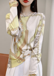 Chain Print Patchwork Silk Cotton Top O Neck Long Sleeve