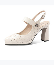 Load image into Gallery viewer, Chic Beige Chunky Heel Cowhide Leather Hollow Out Sandals