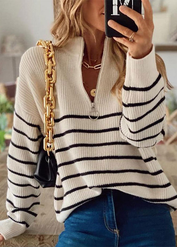 Chic Beige Zip Up Striped Knit Short Sweater Fall