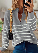 Load image into Gallery viewer, Chic Beige Zip Up Striped Knit Short Sweater Fall