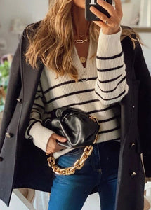 Chic Beige Zip Up Striped Knit Short Sweater Fall