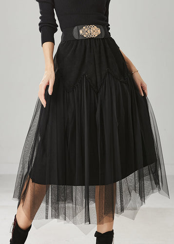 Chic Black High Waist Patchwork Tulle Corduroy Skirts Spring