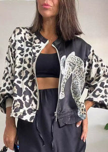 Chic Black Leopard Zip Up Drawstring Short Coat Fall