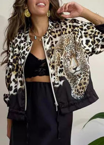 Chic Black Leopard Zip Up Drawstring Short Coat Fall