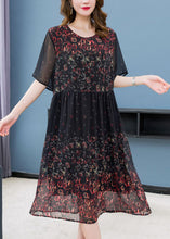 Load image into Gallery viewer, Chic Black O Neck Print Wrinkled Patchwork Chiffon Dress Summer