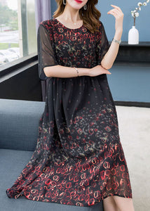 Chic Black O Neck Print Wrinkled Patchwork Chiffon Dress Summer