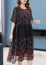 Load image into Gallery viewer, Chic Black O Neck Print Wrinkled Patchwork Chiffon Dress Summer