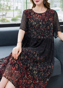 Chic Black O Neck Print Wrinkled Patchwork Chiffon Dress Summer