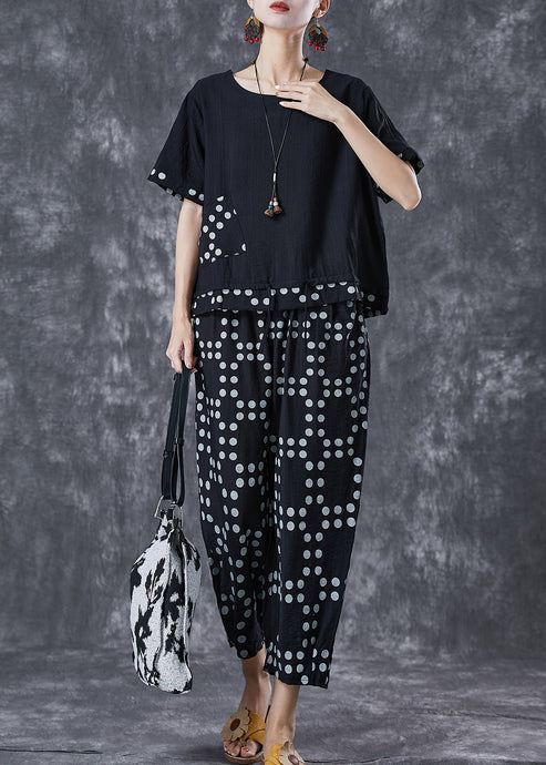 Chic Black Oversized Patchwork Dot Cotton Two-Piece Set Summer