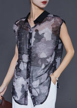 Load image into Gallery viewer, Chic Black Peter Pan Collar Print Tulle Shirts Sleeveless