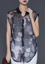 Load image into Gallery viewer, Chic Black Peter Pan Collar Print Tulle Shirts Sleeveless