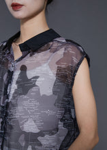 Load image into Gallery viewer, Chic Black Peter Pan Collar Print Tulle Shirts Sleeveless