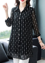 Load image into Gallery viewer, Chic Black Peter Pan Collar Striped Patchwork Silk Shirt Bracelet Sleeve