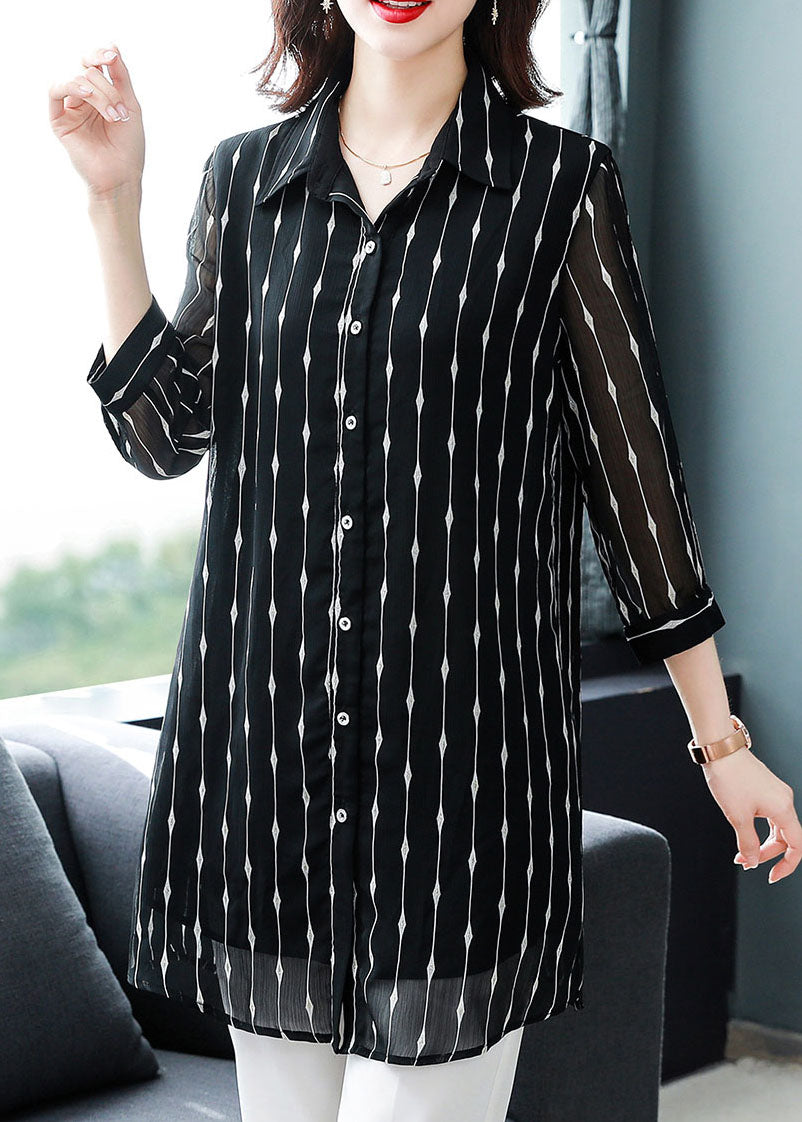 Chic Black Peter Pan Collar Striped Patchwork Silk Shirt Bracelet Sleeve