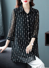 Load image into Gallery viewer, Chic Black Peter Pan Collar Striped Patchwork Silk Shirt Bracelet Sleeve