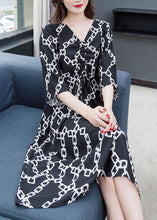 Load image into Gallery viewer, Chic Black V Neck Print Wrinkled Patchwork Chiffon Dress Summer