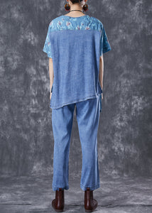 Chic Blue Oversized Asymmetrical Patchwork Denim Two Pieces Set Summer