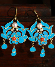 Load image into Gallery viewer, Chic Blue Pearl Tassel Cloisonne Hoop Earrings