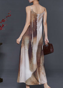 Chic Brown Tie Dye Draping Silk Spaghetti Strap Dress Summer