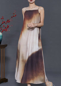 Chic Brown Tie Dye Draping Silk Spaghetti Strap Dress Summer