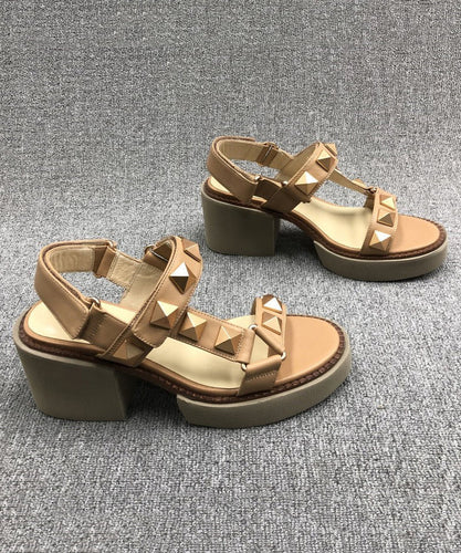 Chic Camel Rivet Chunky Cowhide Leather Sandals