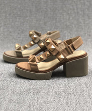 Load image into Gallery viewer, Chic Camel Rivet Chunky Cowhide Leather Sandals