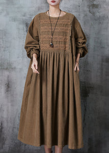 Chic Coffee Oversized Patchwork Lace Corduroy Long Dress Spring