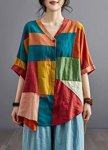 Chic Colorblock Asymmetrical Patchwork Applique Linen Shirt Top Summer