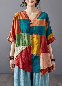 Chic Colorblock Asymmetrical Patchwork Applique Linen Shirt Top Summer